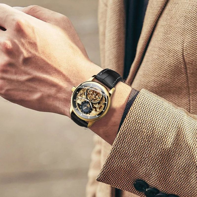 Automatic skeleton watch with moon phase