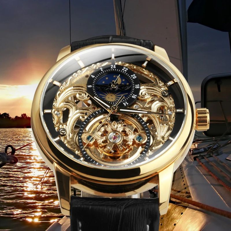 Automatic skeleton watch with moon phase