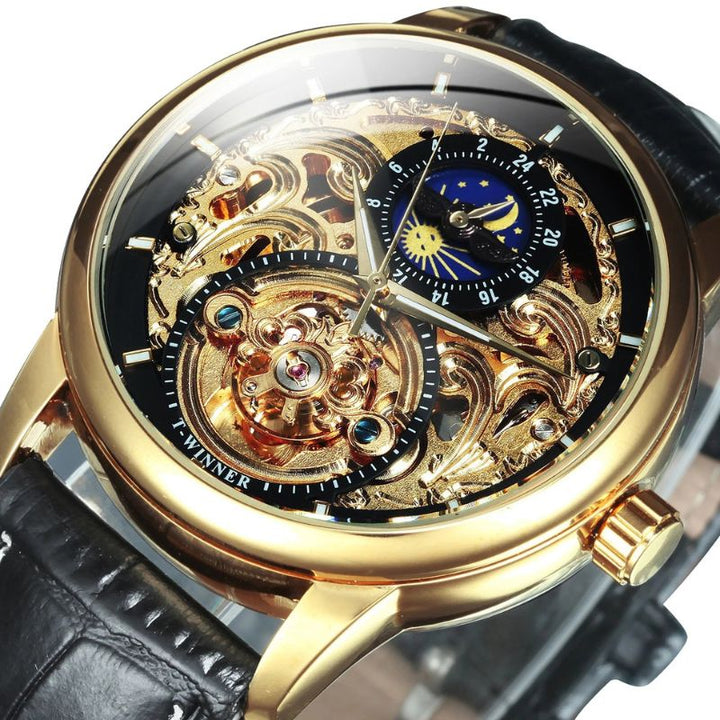 Automatic skeleton watch with moon phase