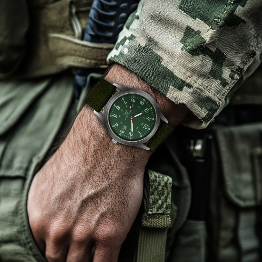 Casual wristwatch with military inspiration