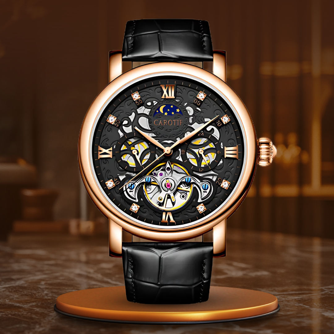 Mechanical automatic wristwatch with leather strap for business use