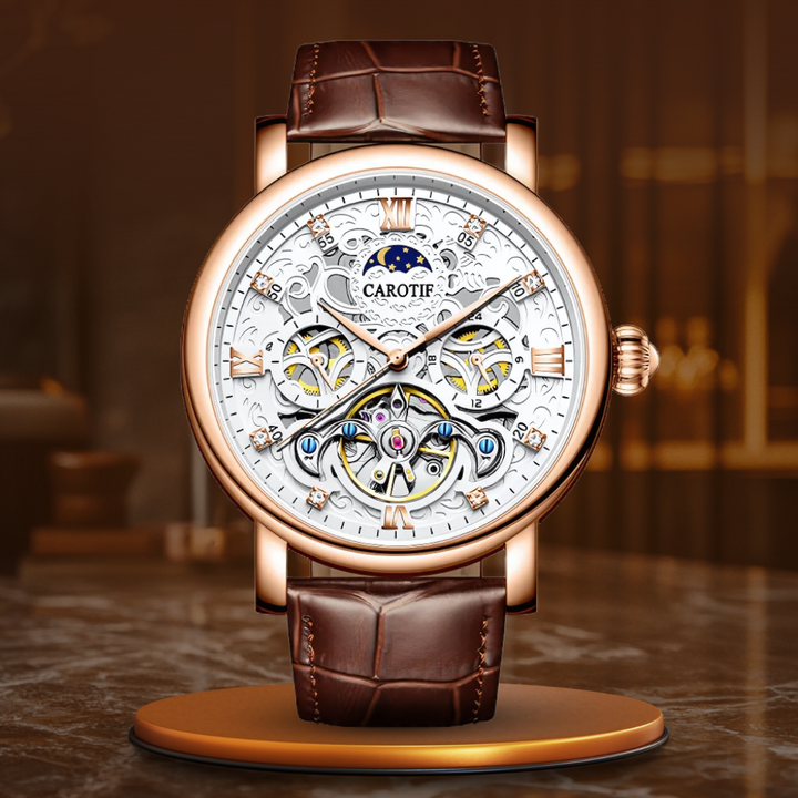 Mechanical automatic wristwatch with leather strap for business use