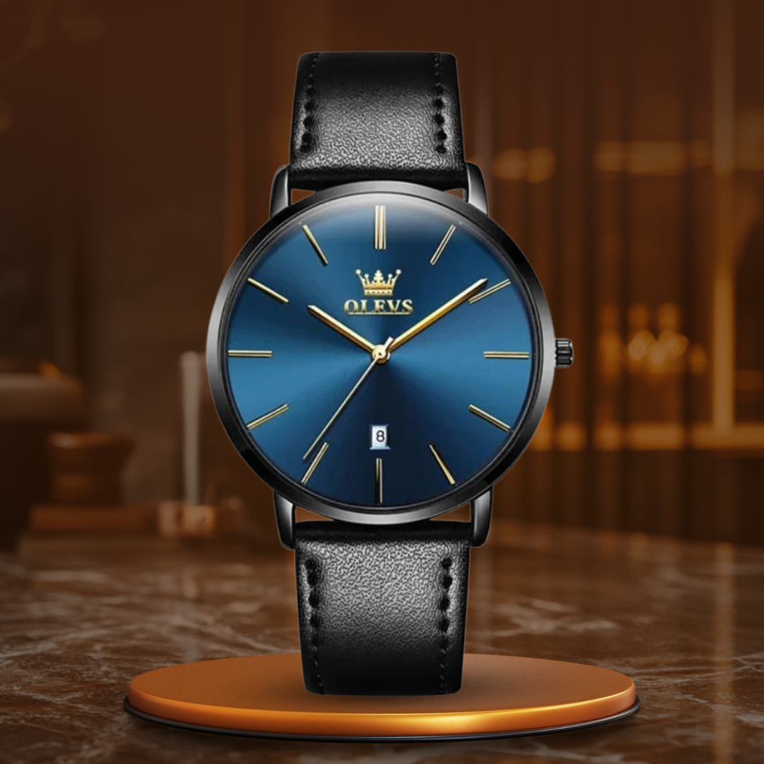 Car-style watch with leather strap and date