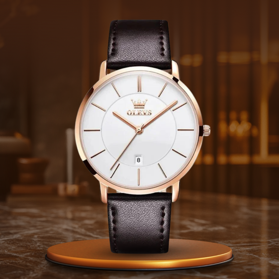 Car-style watch with leather strap and date
