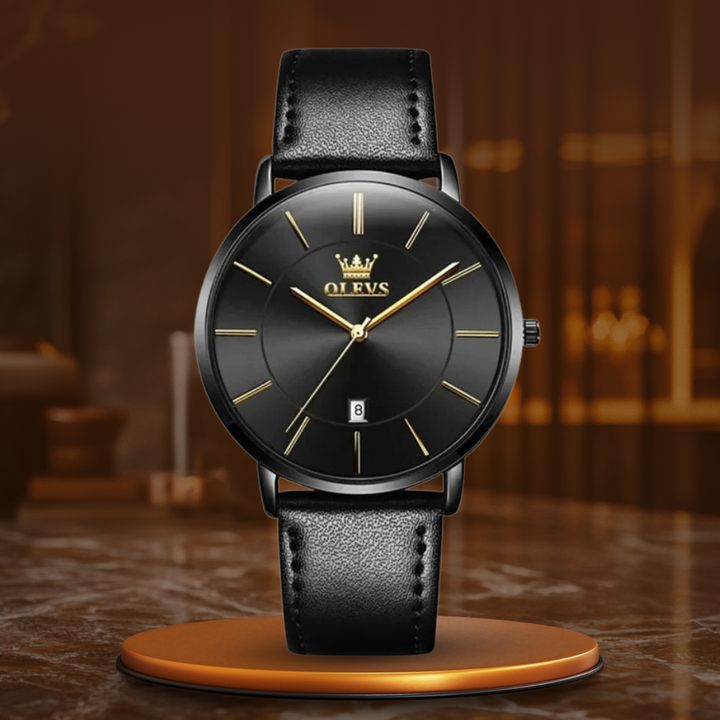 Car-style watch with leather strap and date