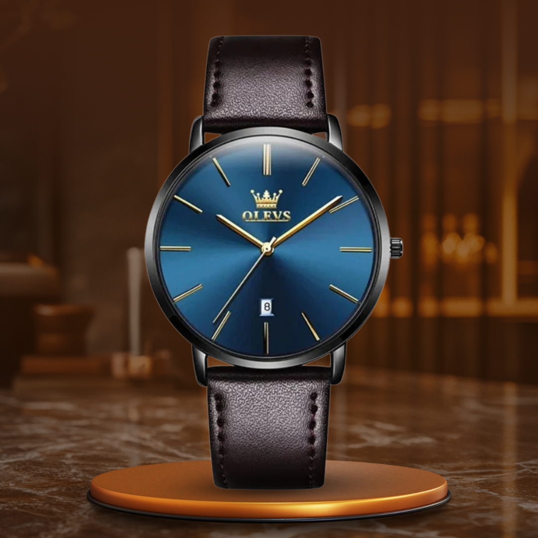 Car-style watch with leather strap and date
