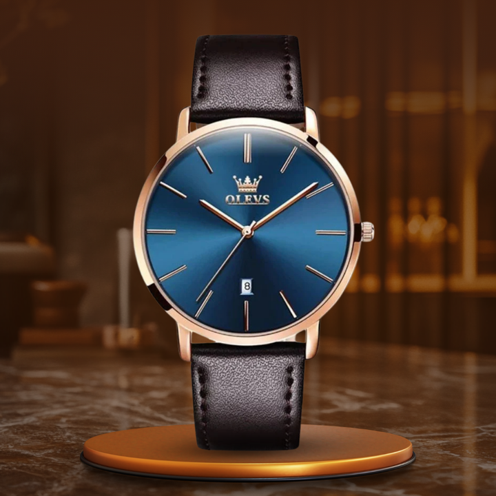 Car-style watch with leather strap and date
