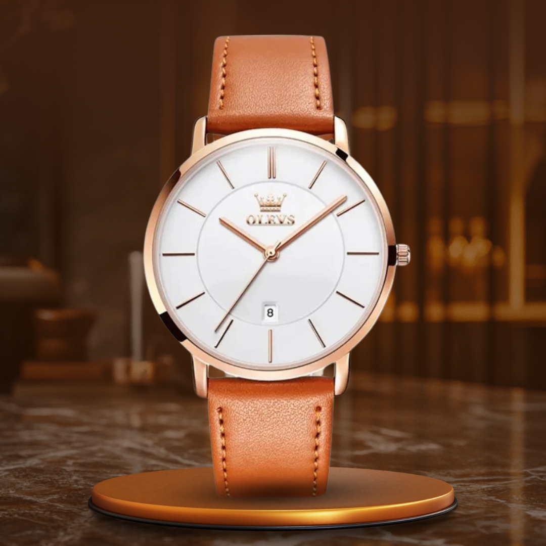 Car-style watch with leather strap and date
