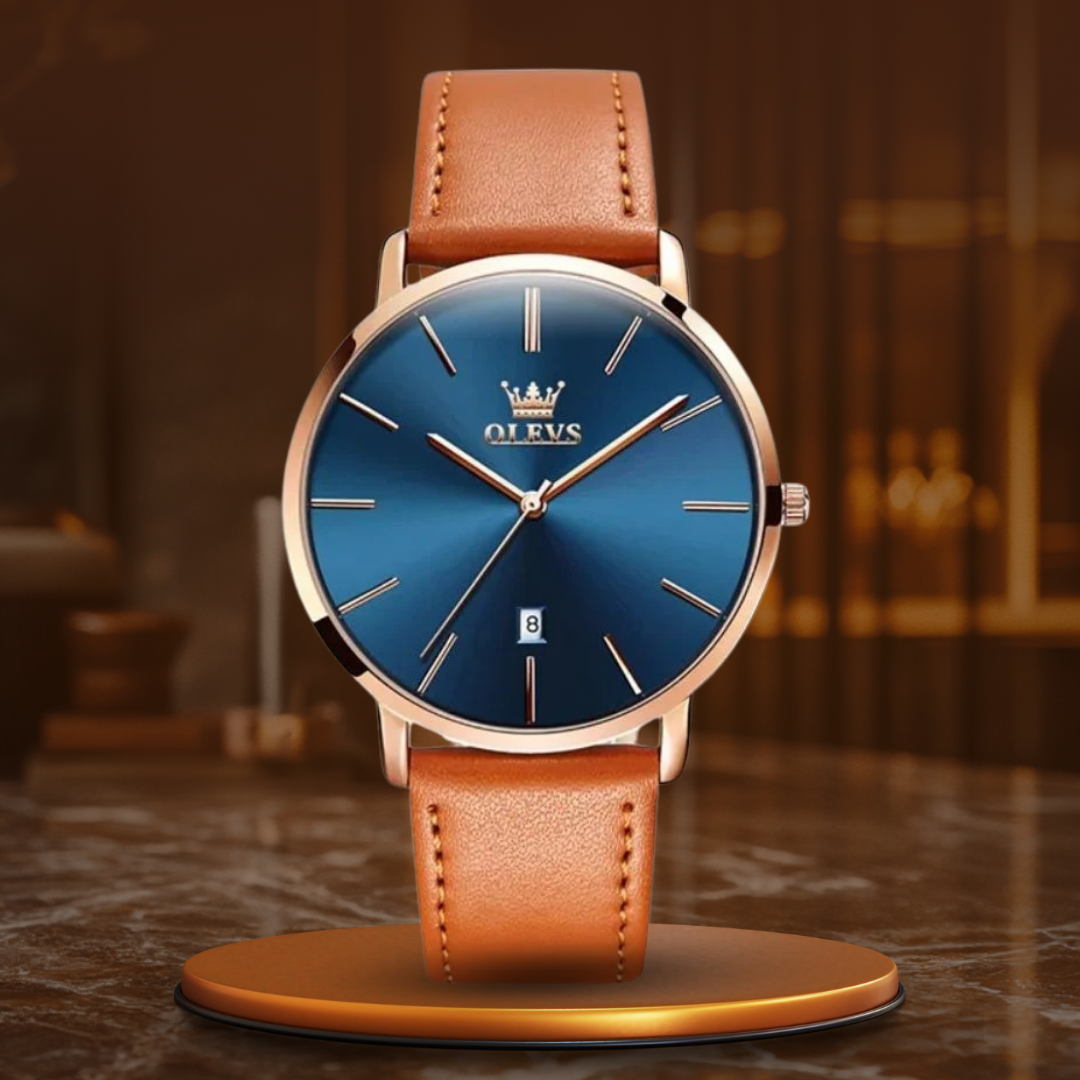 Car-style watch with leather strap and date