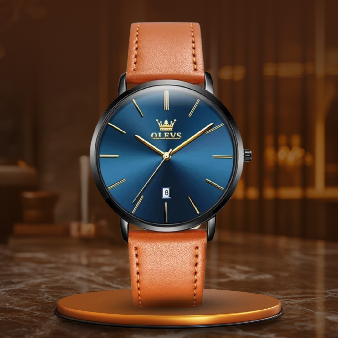 Car-style watch with leather strap and date