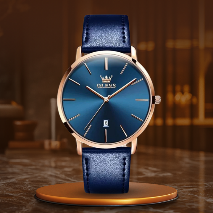 Car-style watch with leather strap and date