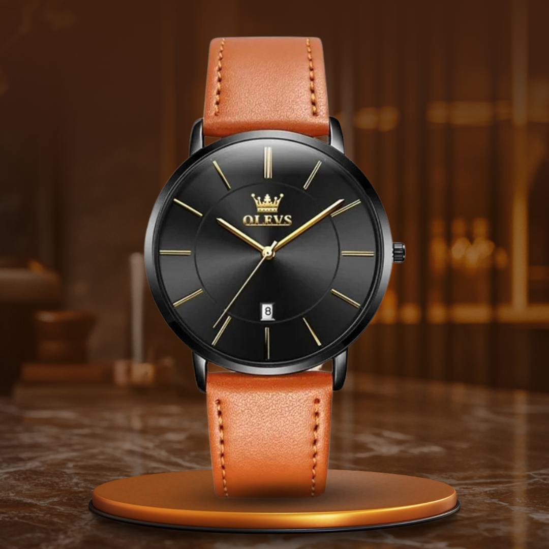 Car-style watch with leather strap and date