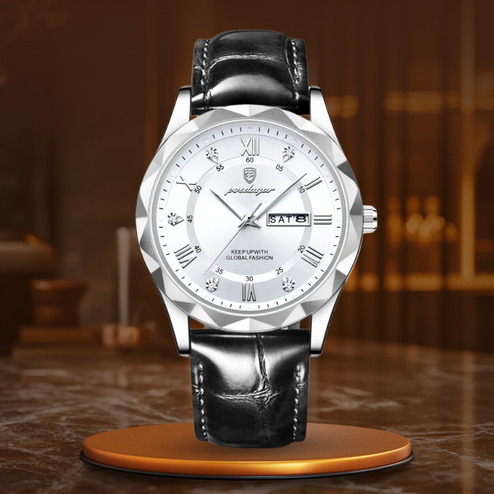 Luxury quartz watch with leather strap