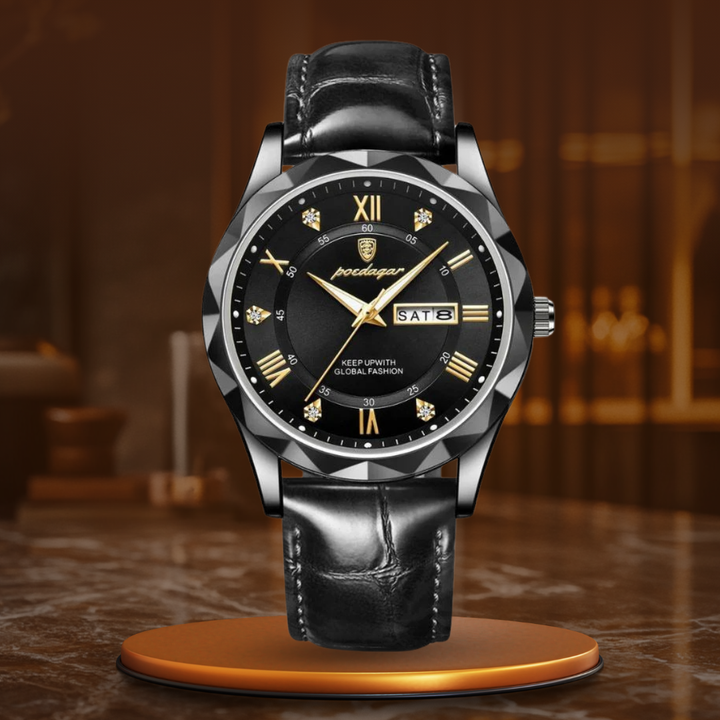 Luxury quartz watch with leather strap