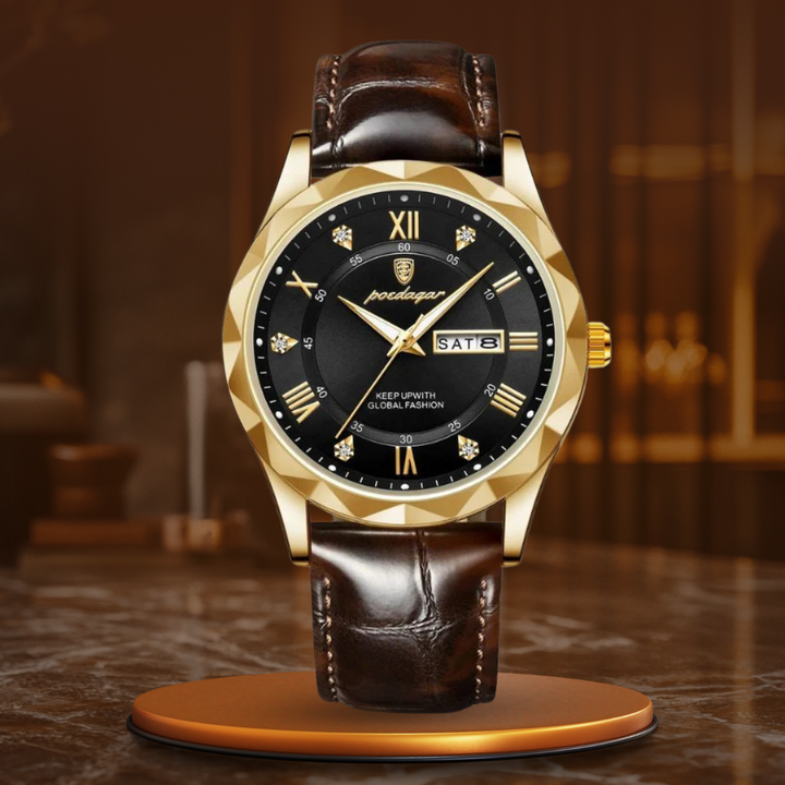 Luxury quartz watch with leather strap