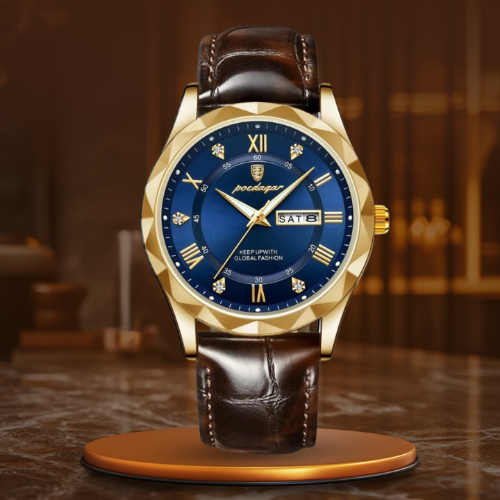 Luxury quartz watch with leather strap