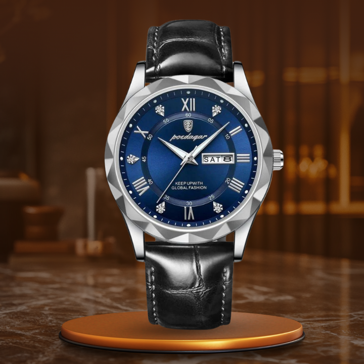 Luxury quartz watch with leather strap