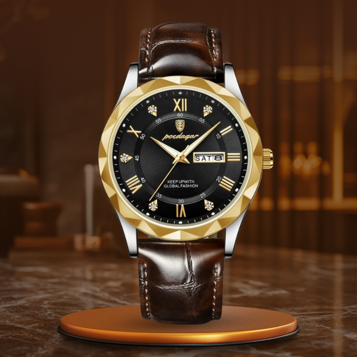 Luxury quartz watch with leather strap