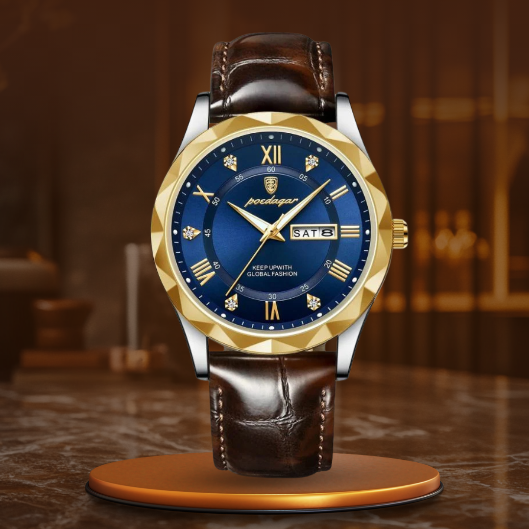 Luxury quartz watch with leather strap