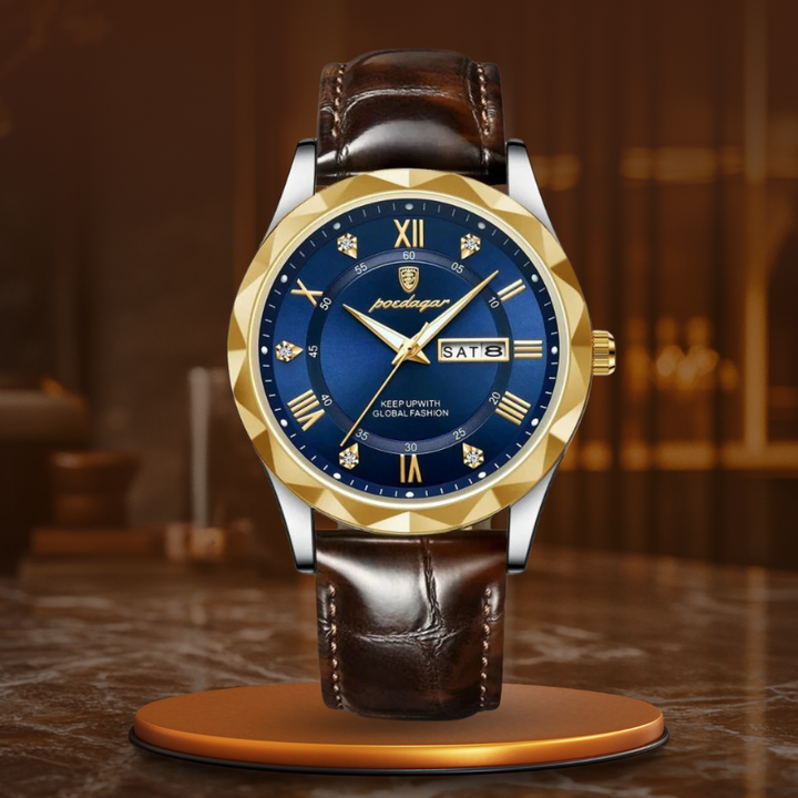 Luxury quartz watch with leather strap