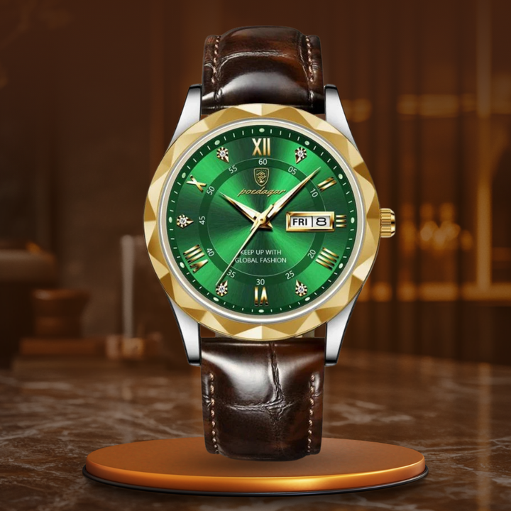 Luxury quartz watch with leather strap