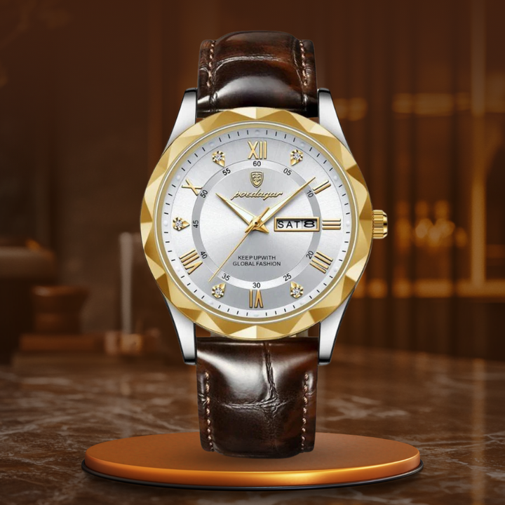Luxury quartz watch with leather strap